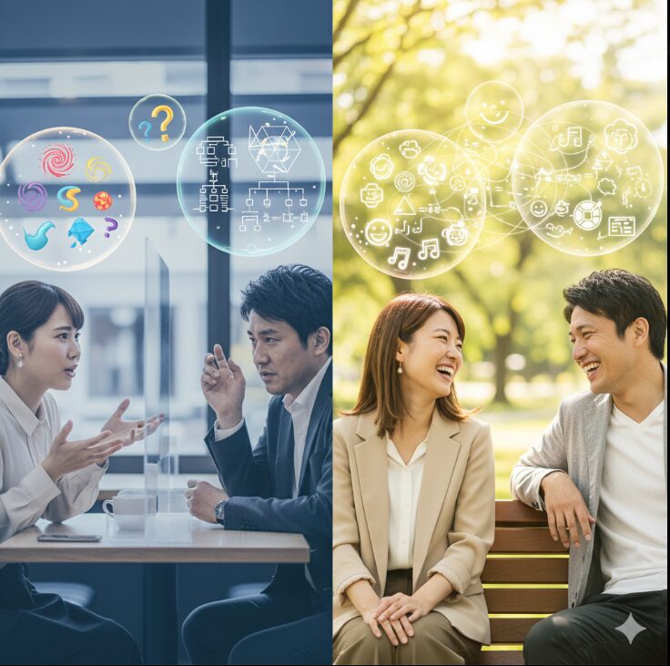 コミュニケーションのすれ違いを描く。女性は感情豊かな会話を望む一方で、男性はロジカルな思考に偏りがちであることを視覚的に表現しています。右側では、円滑な会話が弾んでいる様子も描かれています。