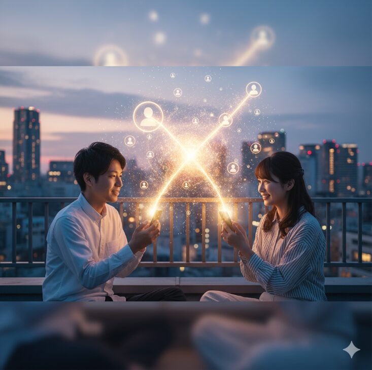 夕暮れの屋上で、若い日本人カップルが向かい合って座り、それぞれスマートフォンを持っている。二人のスマートフォンの間には、光の線と人物アイコンが交錯し、出会いの奇跡を象徴している。