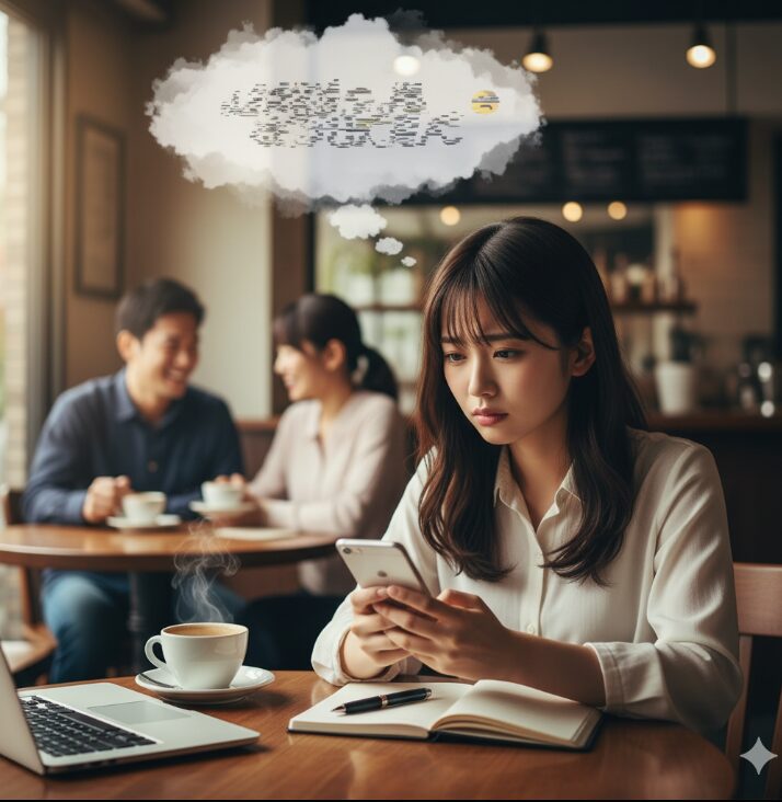  カフェでスマートフォンを見ながら婚活掲示板の書き込みに不安そうな表情を浮かべる日本人女性。頭上にはモヤモヤとした思考の雲が描かれ、背景には談笑するカップルが見え、女性の孤独感が強調されています。