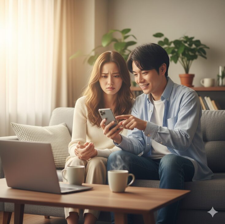リビングのソファでスマートフォンを共有する若い日本人カップル。男性は楽しそうに画面を指しているが、女性は眉をひそめ、不安げな表情で画面を見つめている。