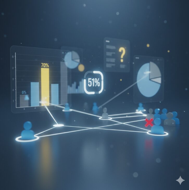 マッチングアプリの身バレ確率に関するデータを象徴する、抽象的なグラフと人物アイコンのイラスト。