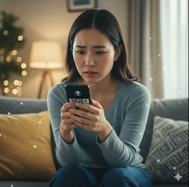 マッチングアプリの身バレを心配し、スマートフォンを thoughtful な表情で見つめる日本人女性。