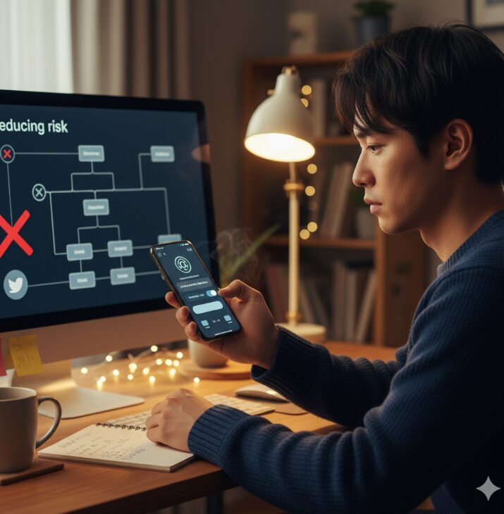 スマートフォンでマッチングアプリの身バレ防止設定を慎重に行う、真剣な表情の日本人男性。