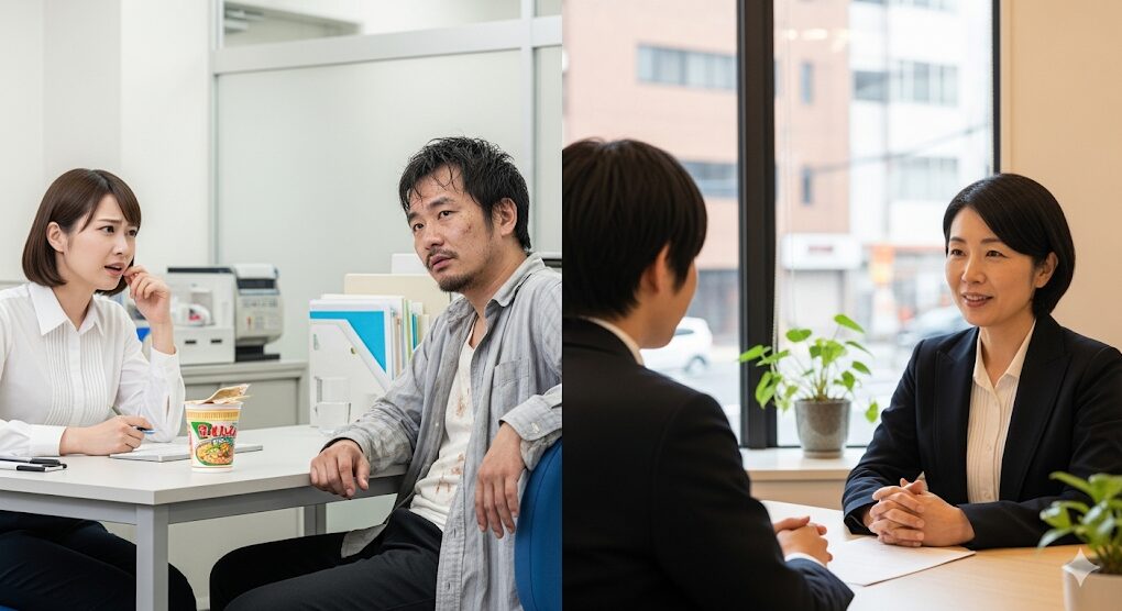 結婚相談所で遭遇しがちな「変な人」の具体例を視覚的に表現したイメージ。清潔感のない男性との出会いや、会話のすれ違い、カウンセラーへの相談シーンなどが描かれています。