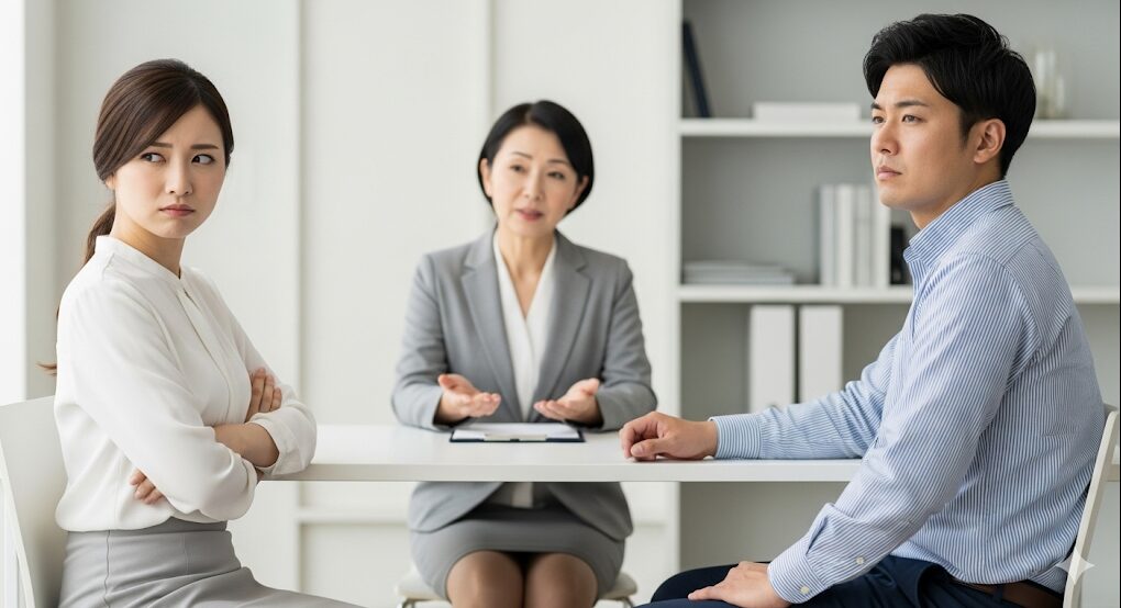 婚活がうまくいかない原因となる「変化を拒む姿勢」を視覚的に表現したイメージ。カウンセラーのアドバイスに耳を傾けず、相手にばかり理想を求める日本人女性と男性の様子が描かれています。