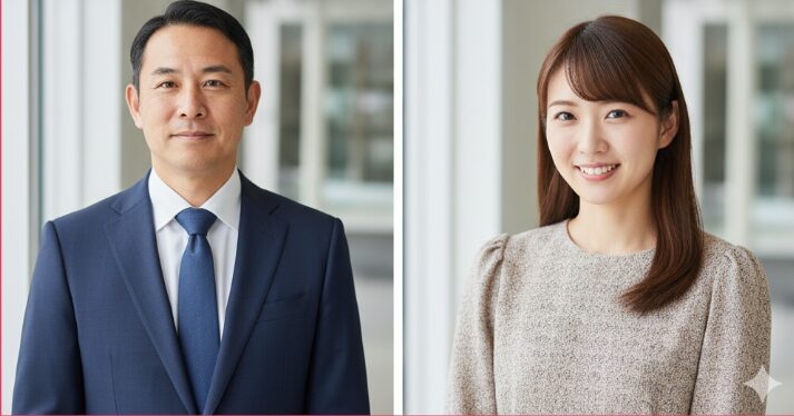 婚活市場の男女の希望条件と現実とのギャップを表現したイメージ。魅力的な日本人男性と女性のポートレートを並列に配置し、理想と現実のズレを示唆しています。