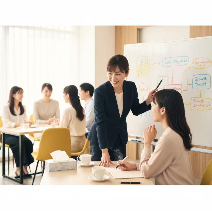 結婚相談所のカウンセラーが会員に寄り添い、真剣にアドバイスをする様子。日本人女性のカウンセラーがホワイトボードを使いながら、婚活戦略や会員の成長をサポートしているシーンが描かれています。