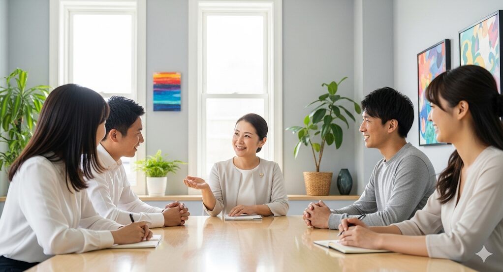 結婚相談所の会員が「余り物」ではないことを示すイメージ。活発に活動する日本人の男性や女性、多様な入会理由を持つ人々がプロのサポートを受けながら真剣に婚活に取り組む様子が描かれています。