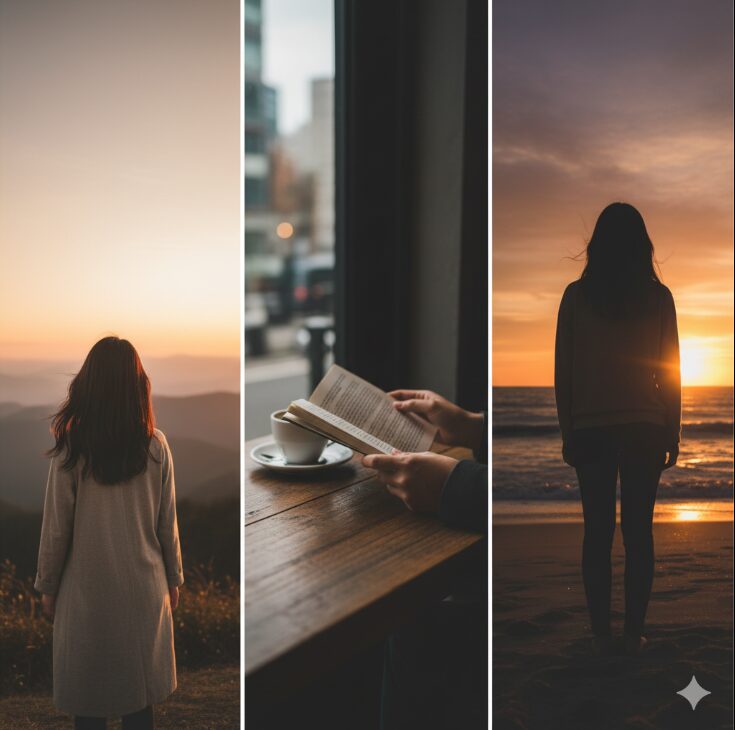 身バレしないプロフィール写真の選び方の例。風景を背にした後ろ姿、本を持つ手元、夕日のシルエット。