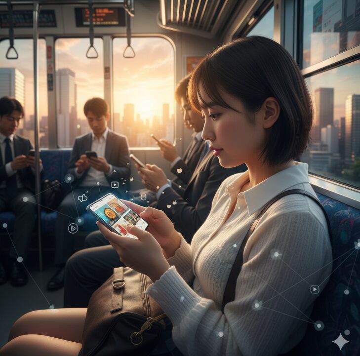 電車内でスマートフォンを使ってショート動画を視聴している若い日本人女性。周りの乗客もスマートフォンを操作しており、都市の夕景が窓から見える。