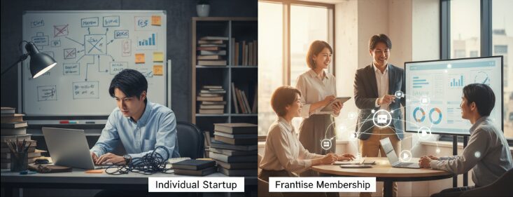 個人での開業とフランチャイズ加盟の比較。左側には一人でPCに向かい奮闘する男性、右側には複数人で協力し合いながらビジネスを進める様子が描かれている。