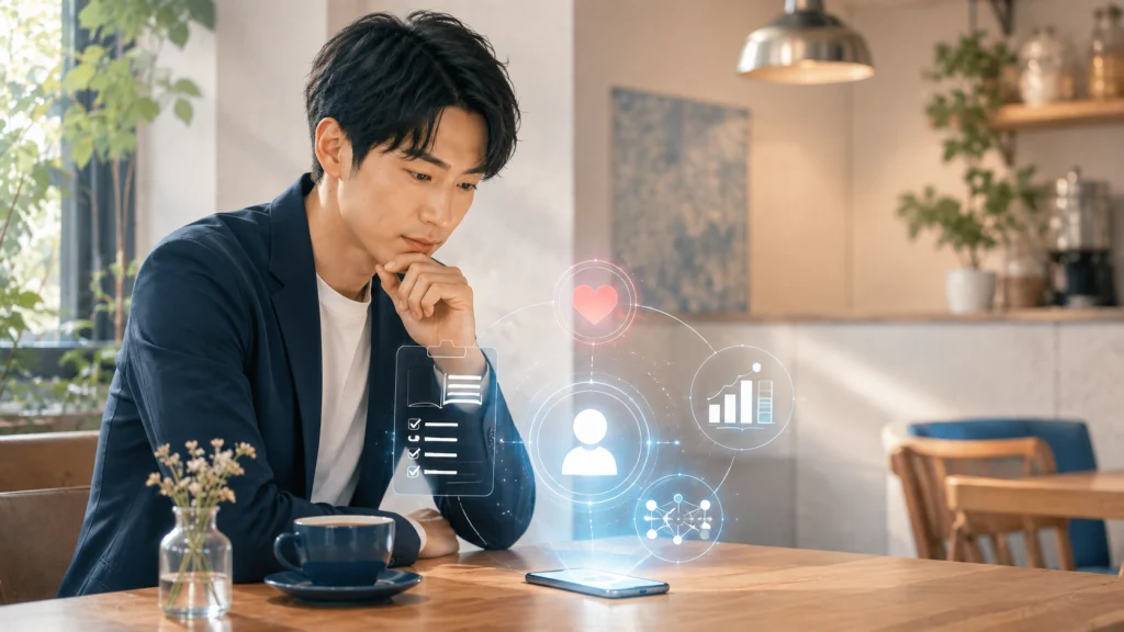 バチェラーデートのデート後の評価とAI分析を確認する男性
